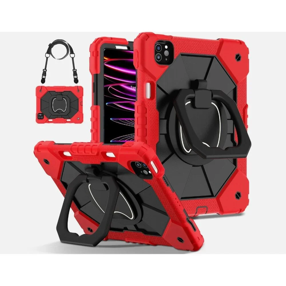 Shockproof Case For iPad Pro 11 Inch 2024 Red & Black With Screen Protector & St